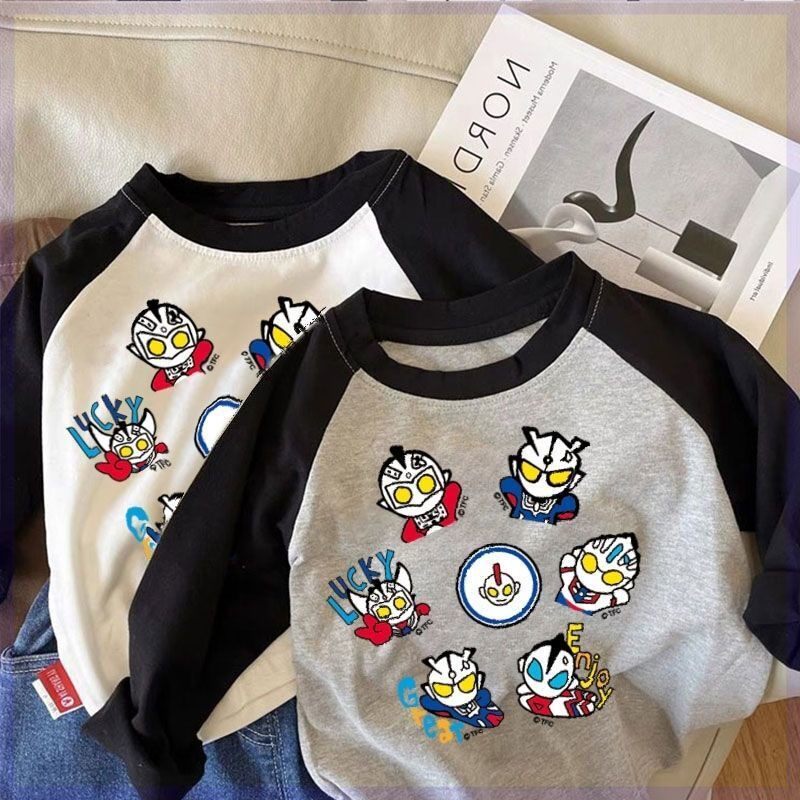 清仓奥特曼图案男童T恤中小童上衣T百搭春秋新款长袖儿童宝宝拼接