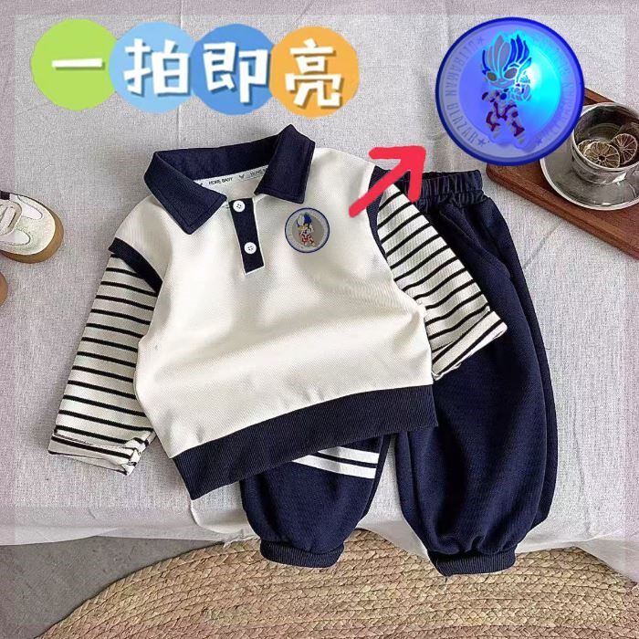 拍一拍亮灯条纹中大童卫衣POLO衫2025新款男童赛罗奥特曼套装纯棉
