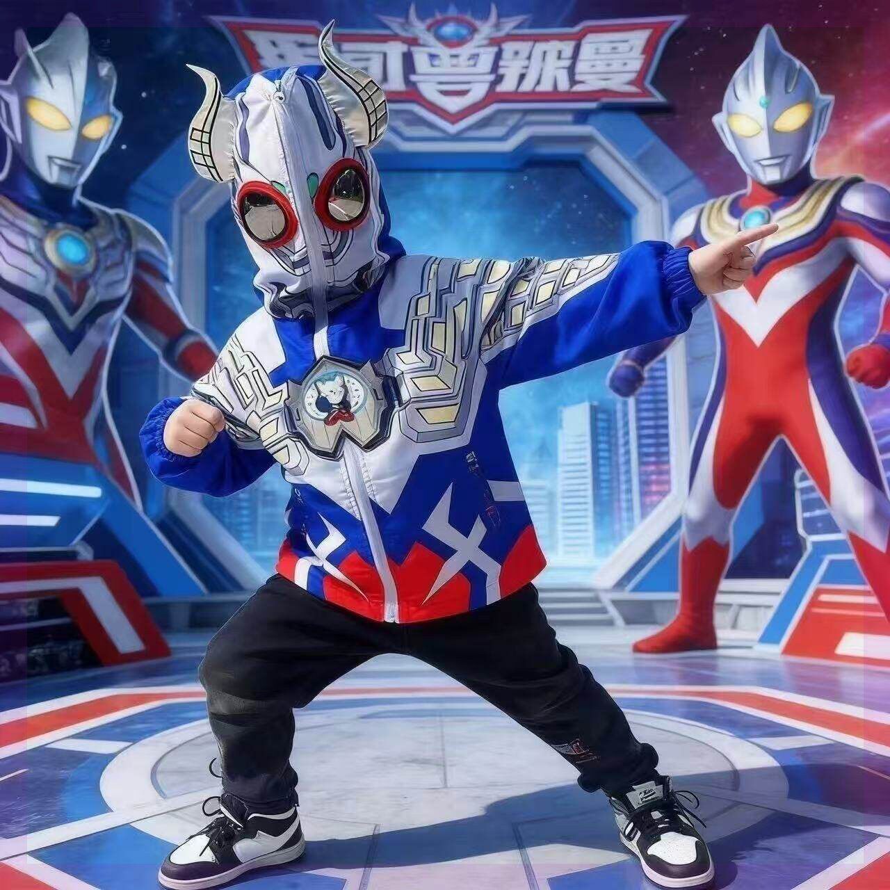 薄款带眼镜衣服男童奥特曼外套儿童亮灯春秋赛罗冲锋衣连帽中大童