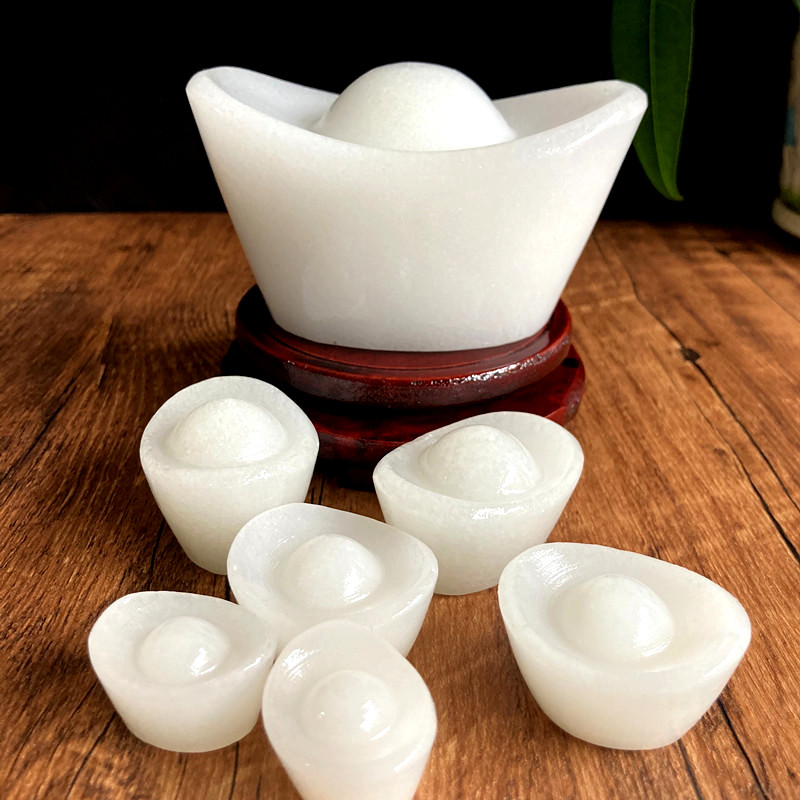 天然玉石白玉元宝摆件招财进宝办公室桌面家居玄关装饰纯手工雕刻