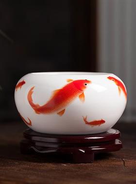 中式陶瓷桌面摆件 景德镇手工鱼缸小号睡莲花盆 兼作金鱼乌龟缸笔