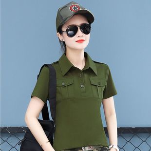休闲女士潮流迷彩服 夏季 翻领薄款 棉军绿色t恤女水兵舞服新款 短袖