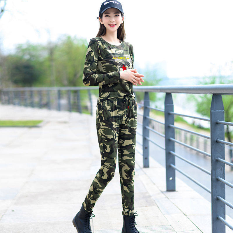 2021女款迷彩服韩版减龄显瘦休闲纯棉百搭长裤印花圆领长袖套装潮