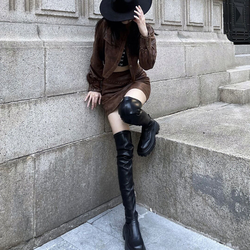 LEG THIN SUGAR OVER-THE-KNEE BOOTS SUPER LONG 2024 AUTUMN AND WINTER NEW THICK-SOLED SQUARE HEAD SHOWS THIN LEATHER BOOTS WOMENS THICK LEGS