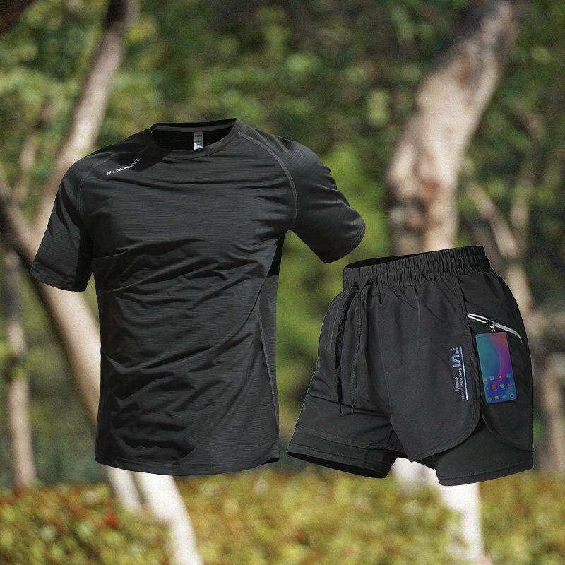 跑步运动套装男士夏季薄款冰丝健身速干短袖短裤马拉松田径训练服
