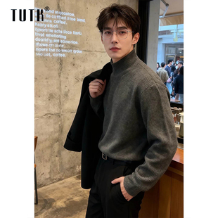 半高领针织衫男款秋冬季潮牌修身加厚内搭打底衫高级感深灰色毛衣