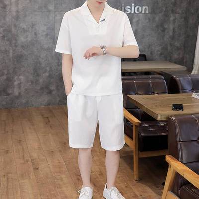 冰丝休闲套装男士夏季时尚高级感痞帅白色短袖短裤速干运动两件套