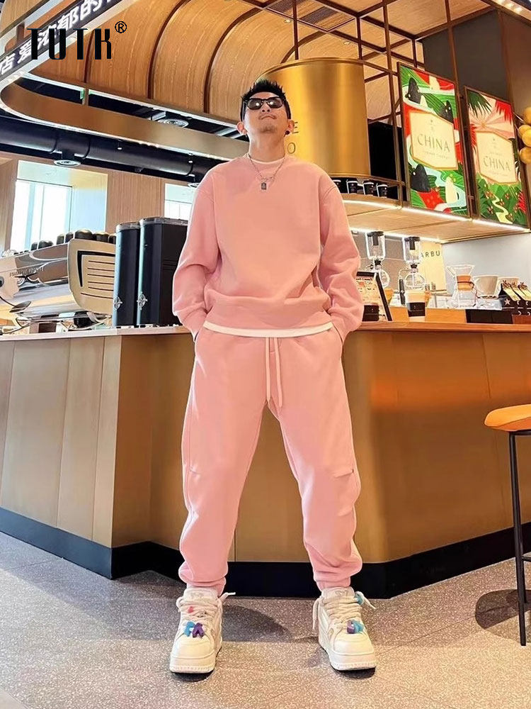 休闲运动套装男士秋冬季高级感潮牌宽松圆领假两件卫衣卫裤两件套