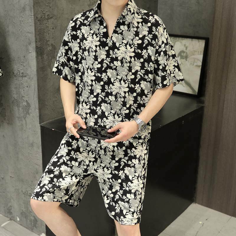 冰丝时尚休闲套装男士夏季潮牌痞帅碎花POLO衫短袖短裤运动两件套