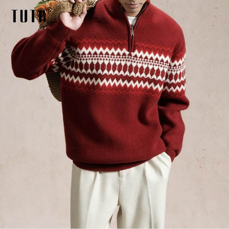 红色毛衣男士冬季2025新款潮牌宽松痞帅针织衫新年本命年上衣外套