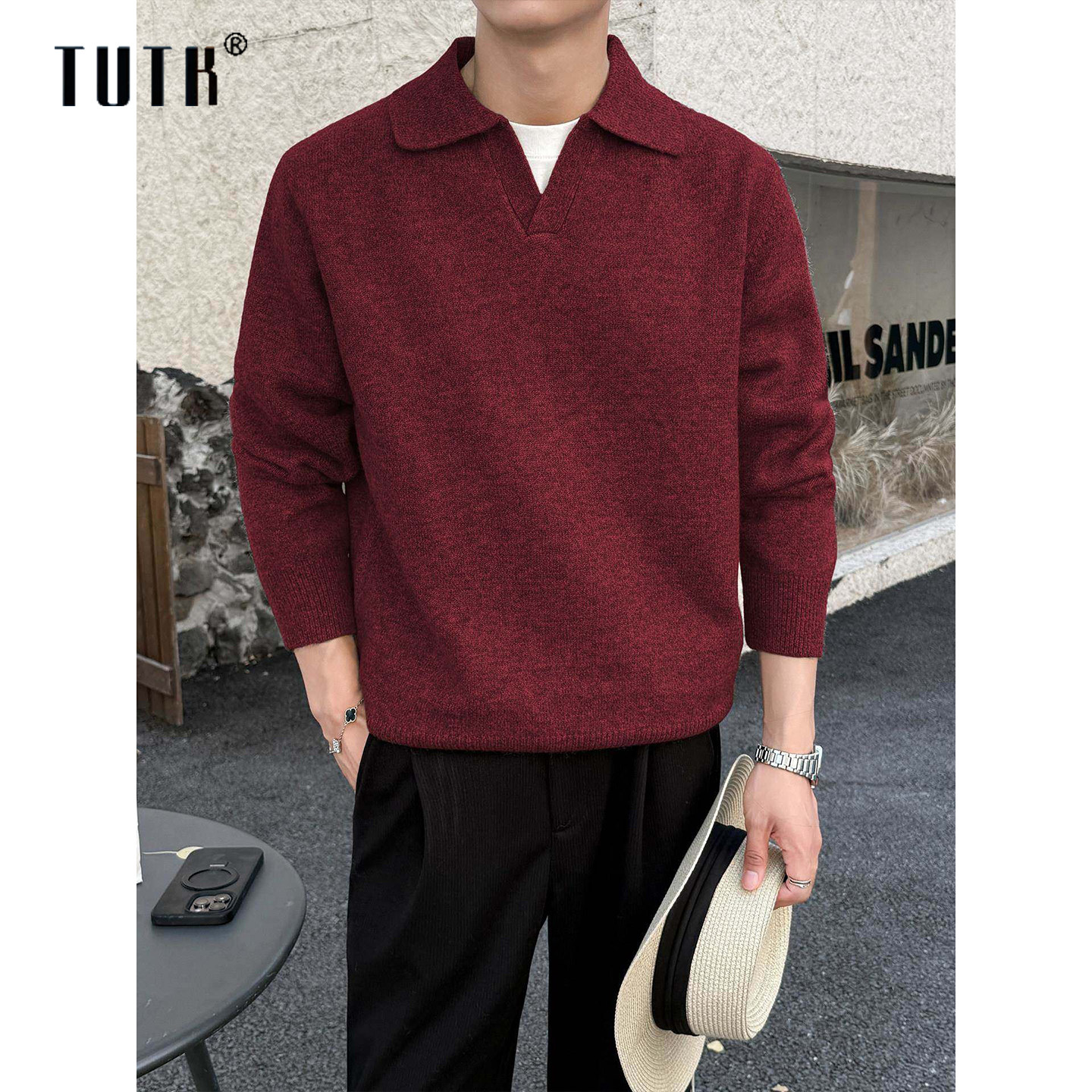红色翻领毛衣男款秋冬季潮牌宽松痞帅设计感打底衫加厚针织衫外套