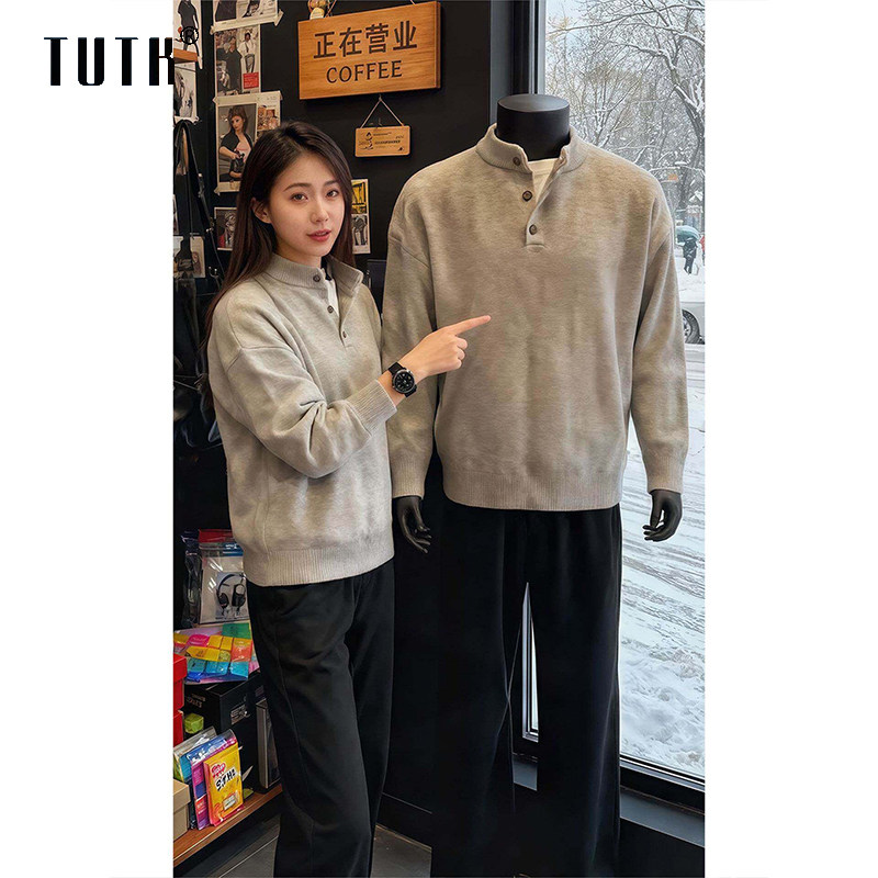 复古毛衣男款冬季潮牌宽松重磅内搭打底美式亨利领毛正肩线衣外套