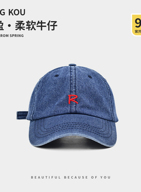 2025新款蓝色棒球帽子女秋冬显脸小R标水洗复古鸭舌帽男款牛仔帽