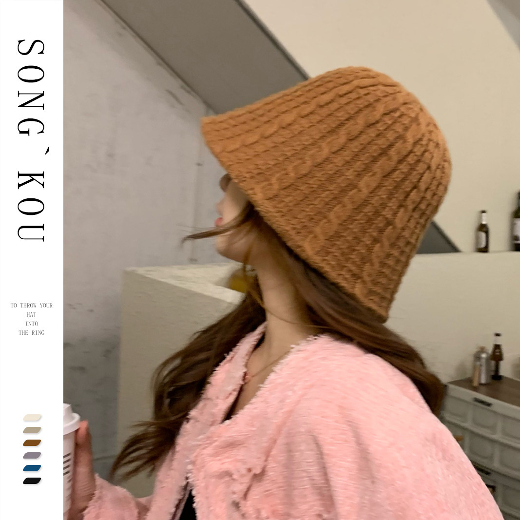 针织麻花渔夫帽舒适保暖亲肤显脸小休闲毛线钟型水桶帽子女冬冷帽