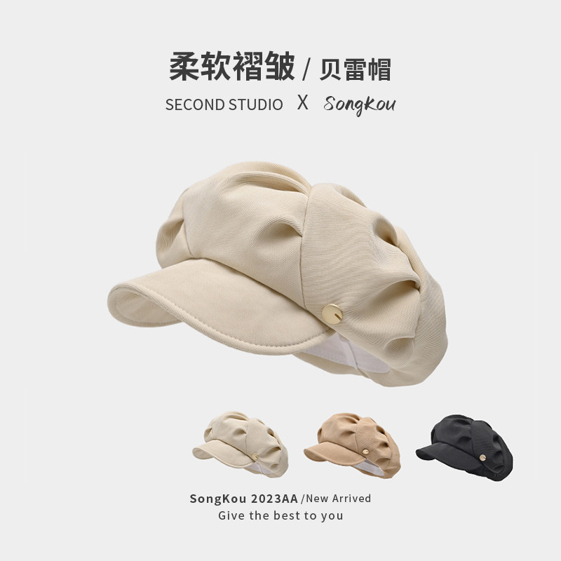 贝雷帽大头围英伦风可爱甜美报童帽子显脸小画家帽学生百搭云朵帽