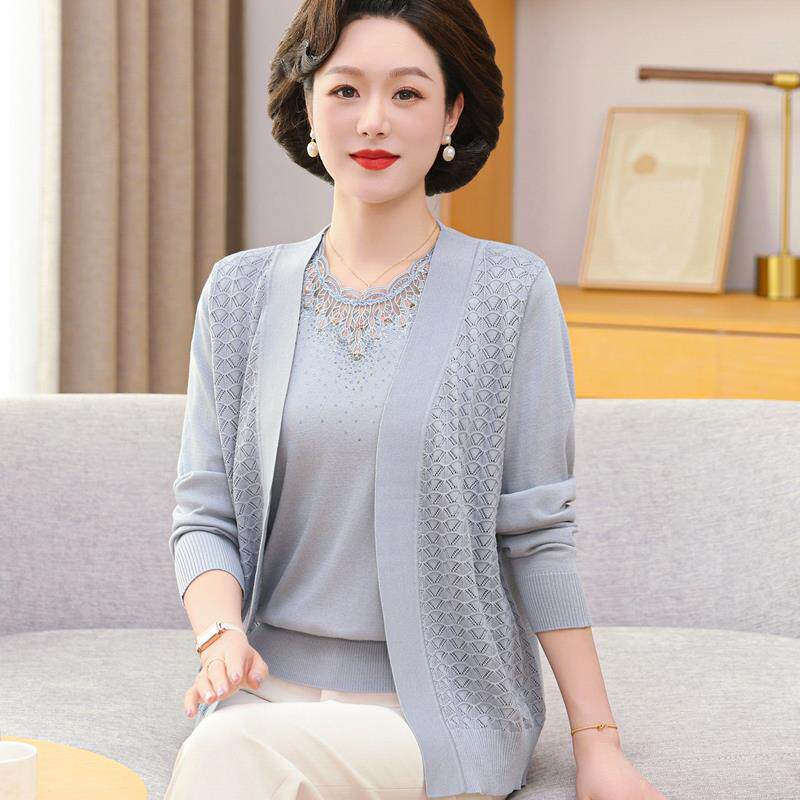 妈妈春装针织衫两件套2025新款中老年人女母亲节夏季短袖T恤套装