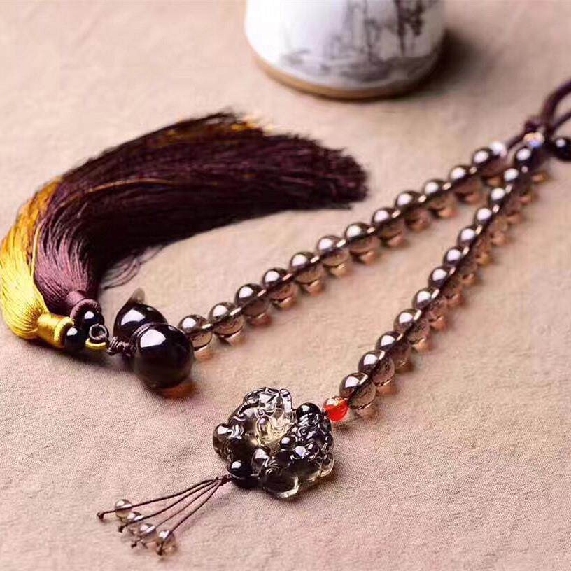 天然茶水晶葫芦搭配冰种黑曜石小弯头双貔貅车挂