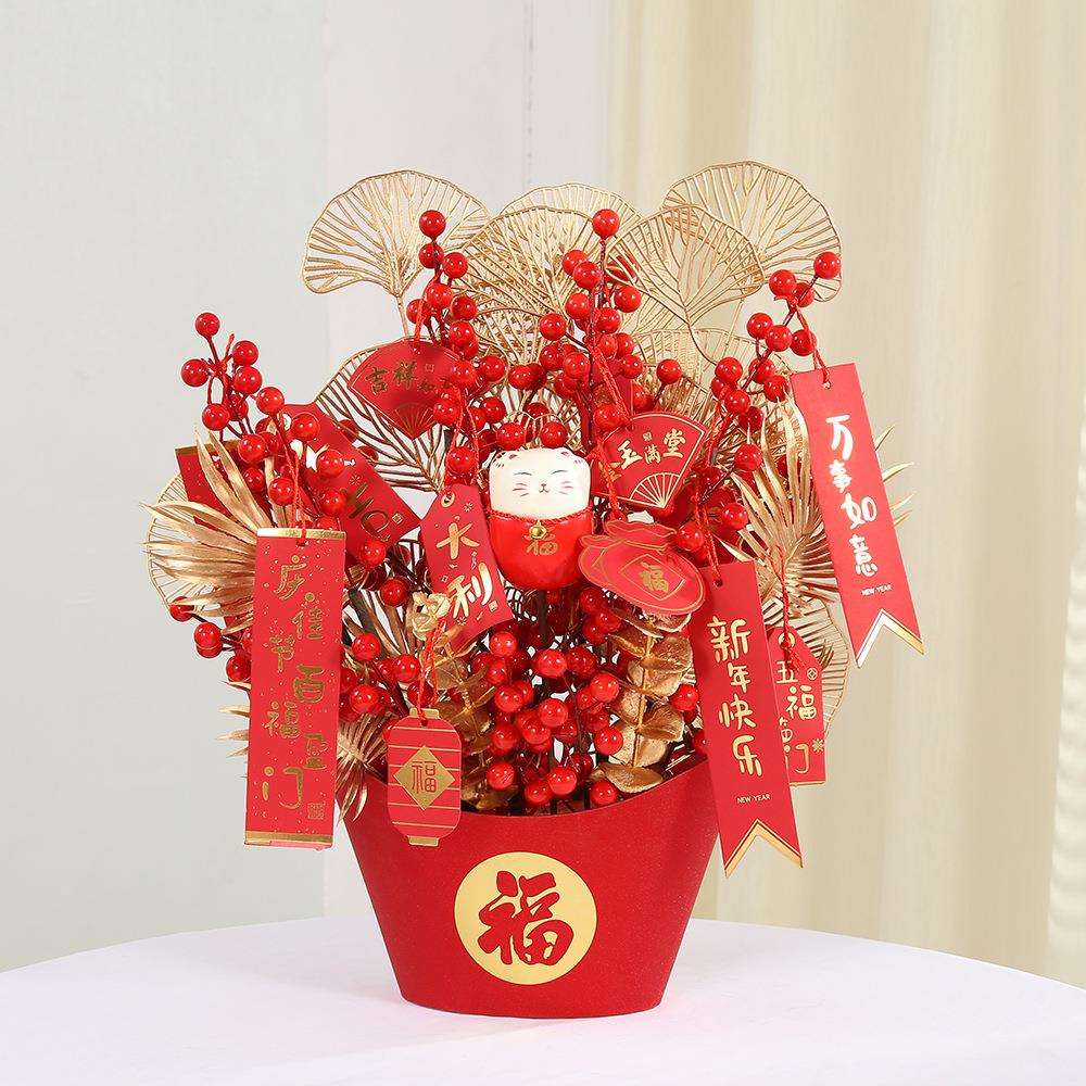 新年红元宝抱抱桶春节喜庆装饰品发财果插花桶室内客厅福桶摆件