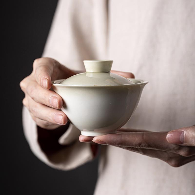 中式复古青灰釉二才盖碗茶杯陶瓷家用手抓不烫手宽口小号茶碗茶杯