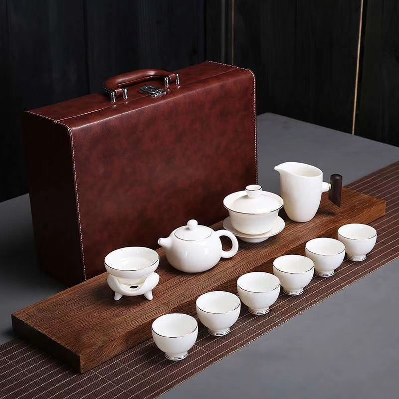 羊脂玉瓷堆金茶具套装家用描金个性木柄公道杯茶壶功夫喝茶杯盖碗