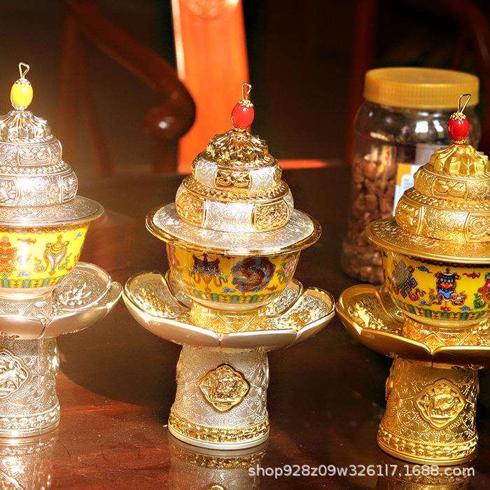藏式新款八吉祥上师盖碗八宝酥油茶碗八吉祥龙纹茶架合金底托盖子