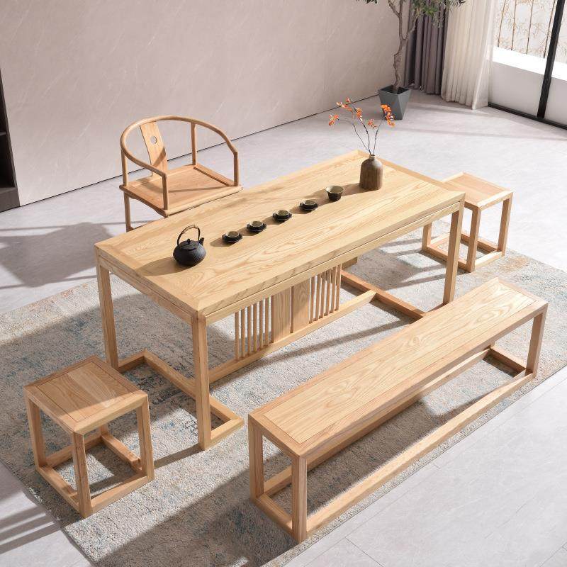 A8L白蜡木实木茶桌椅组合原木新中式客厅待客泡茶桌茶几桌长凳整