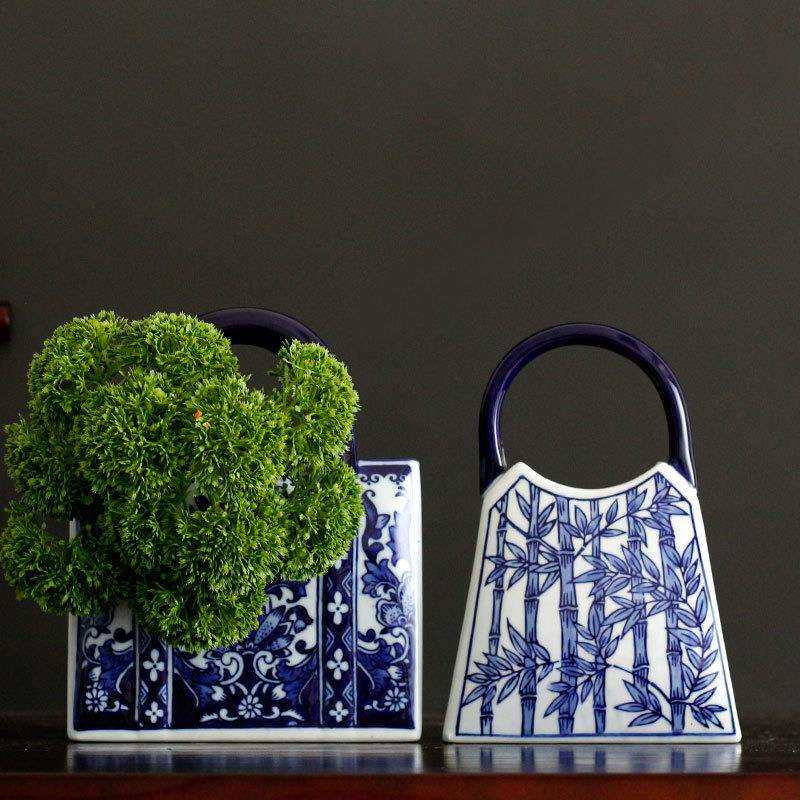 新中式青花布袋花盆花瓶家居客厅青花瓷装饰品插花器中式陶瓷摆件