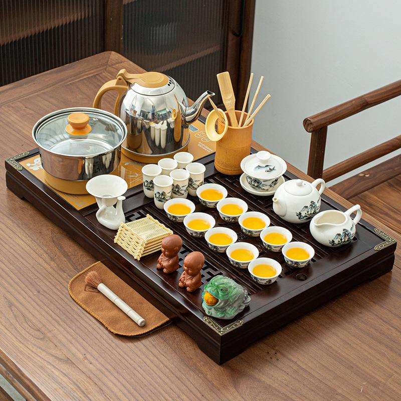 家用茶盘套装带全自动电茶炉陶瓷紫砂玻璃茶具整套实木一体茶水台
