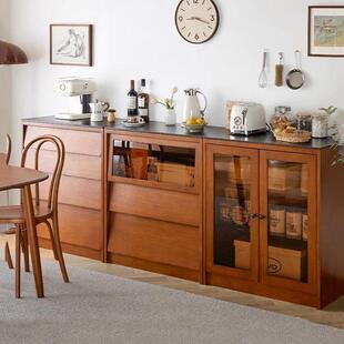 北欧实木餐边柜家用小户型落地岩板储物组合柜厨房复古碗具收纳柜