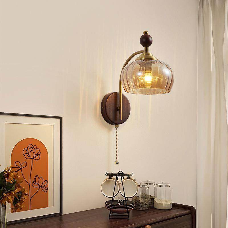 高级感中古风胡桃木实木卧室过道灯客厅壁灯复古床头走廊玻璃灯具