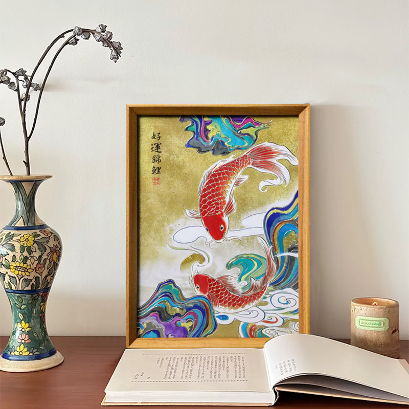 铜艺世家好运锦鲤铜雕画桌面摆件手工錾刻红色鲤鱼装饰画家居摆台
