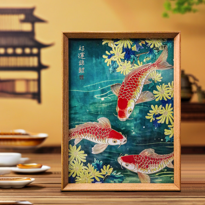 铜艺世家红色好运锦鲤鱼铜雕画桌面摆件手工錾刻客厅装饰画摆台