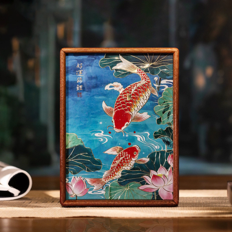 铜艺世家好运锦鲤铜雕画桌面摆件手工錾刻荷花鲤鱼装饰画客厅摆台