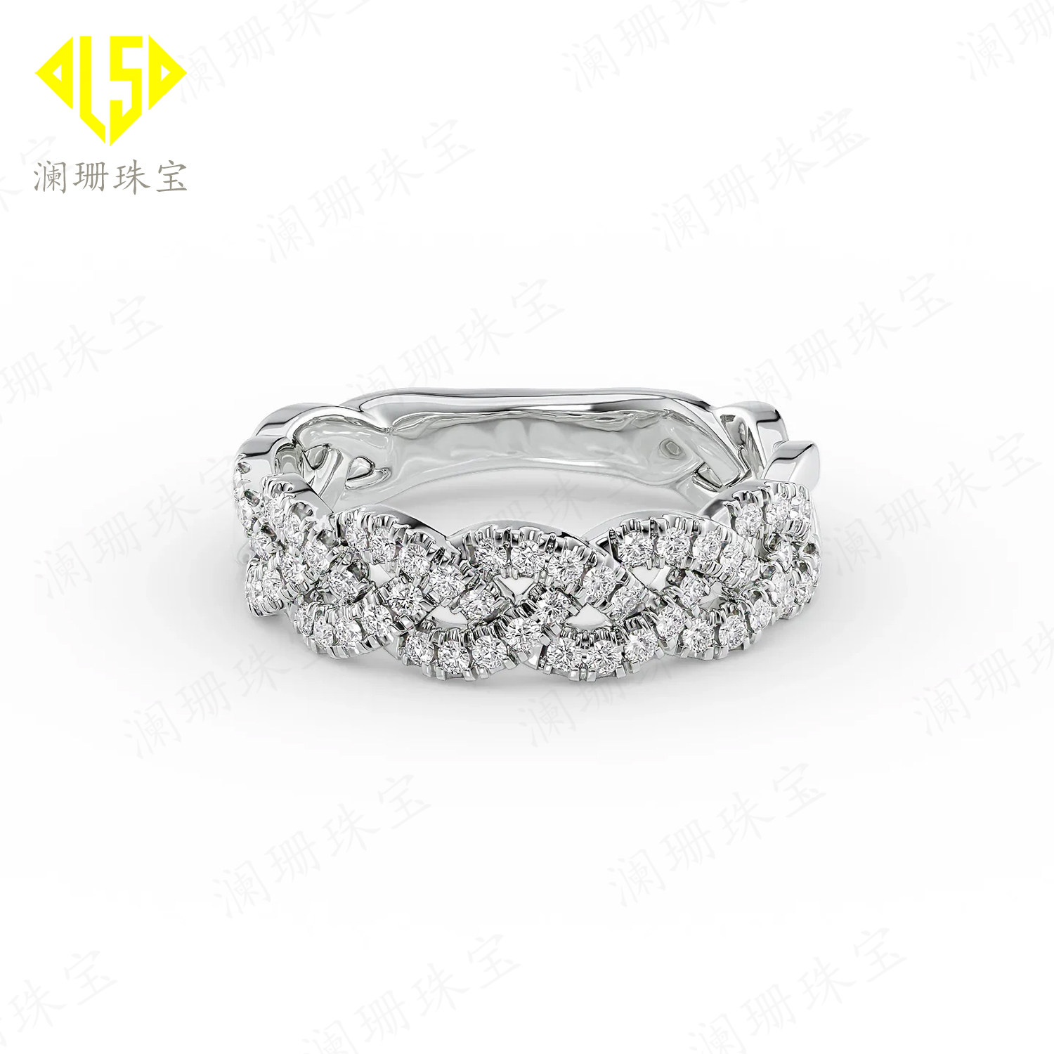 时尚18k白金戒指女豪华交织满钻女戒AU750群镶莫桑石仿真钻戒指