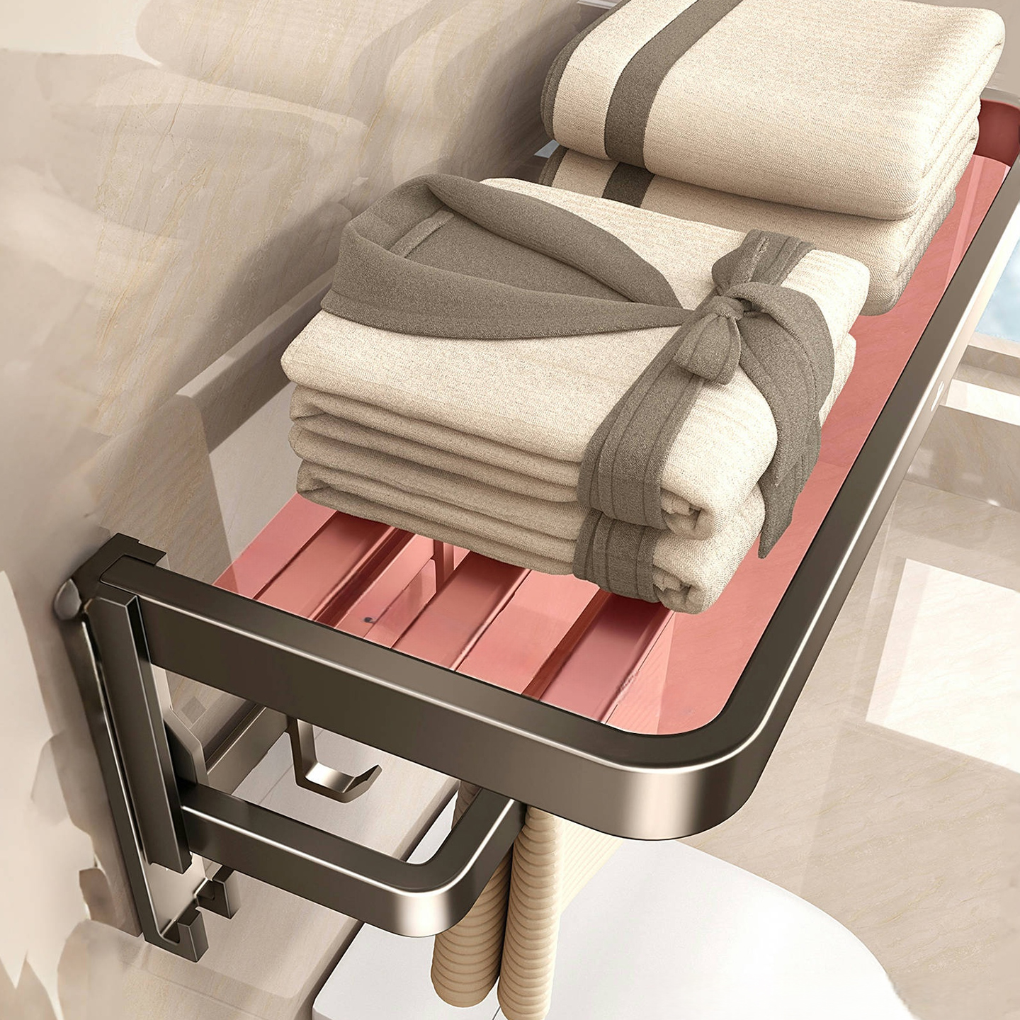 潜水艇毛巾架卫生间免打孔浴巾架一体挂件高端太空铝浴室置物架子