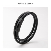 ALVIS 编织皮绳手链男士 复古真皮质手绳高级感双圈手环简约送男友