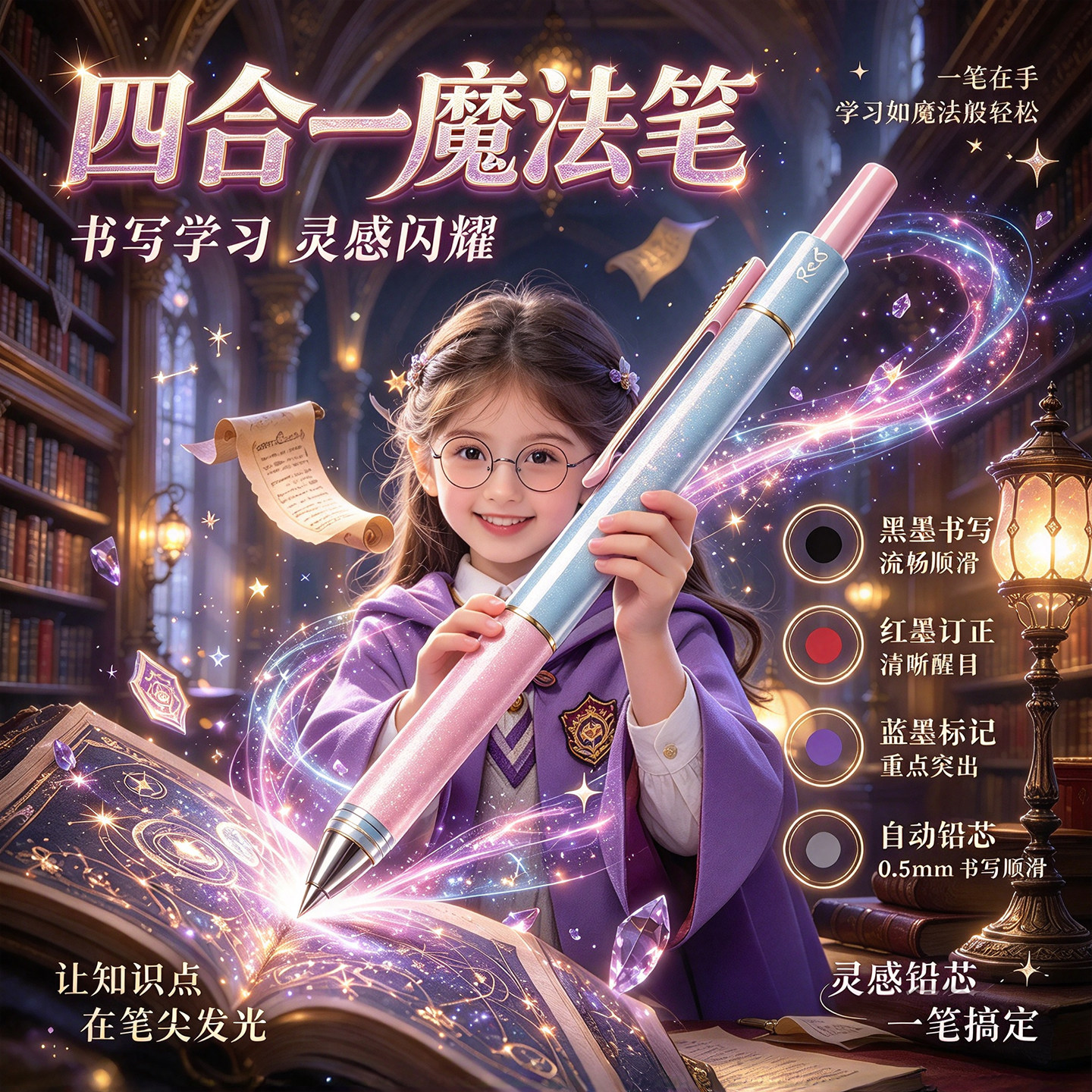 黑科技重力感应笔四合一多色按动中性笔高颜值ins风商务签字笔学生专用自动铅笔黑红笔芯2026热销油性圆珠笔2