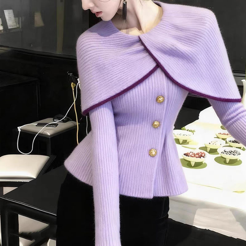 小香风紫色斗篷长袖针织衫女2025秋冬新款小众不撞款掐腰绝美毛衣