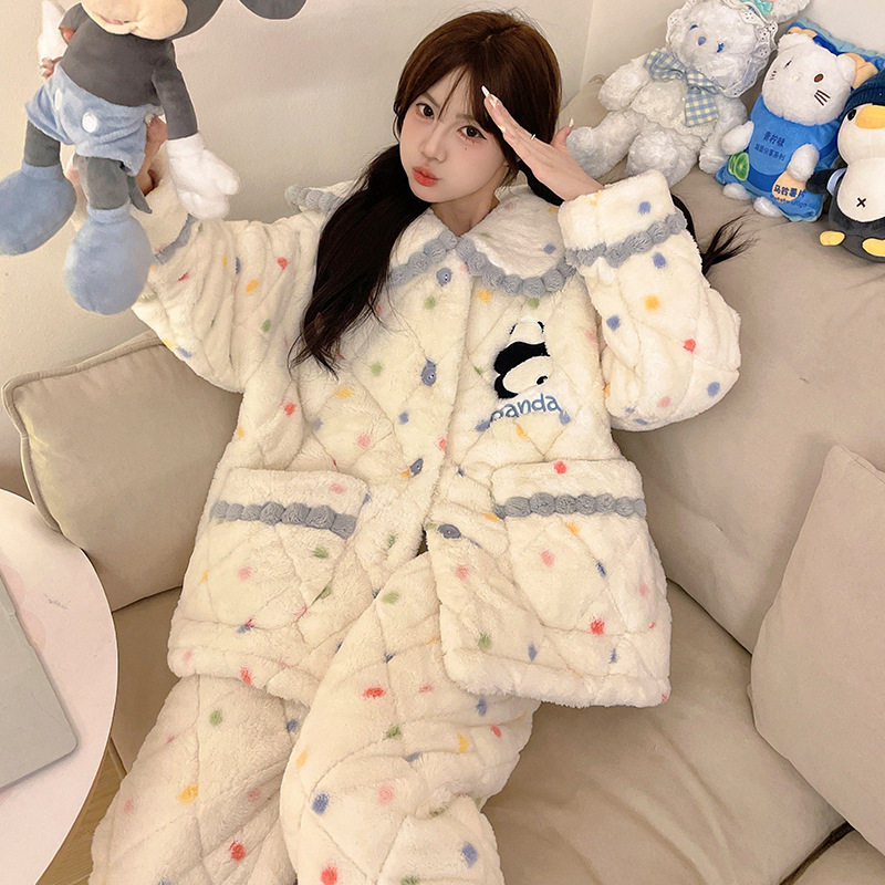 睡衣女三层夹棉秋冬季加绒加厚甜美可爱冬天保暖珊瑚绒家居服
