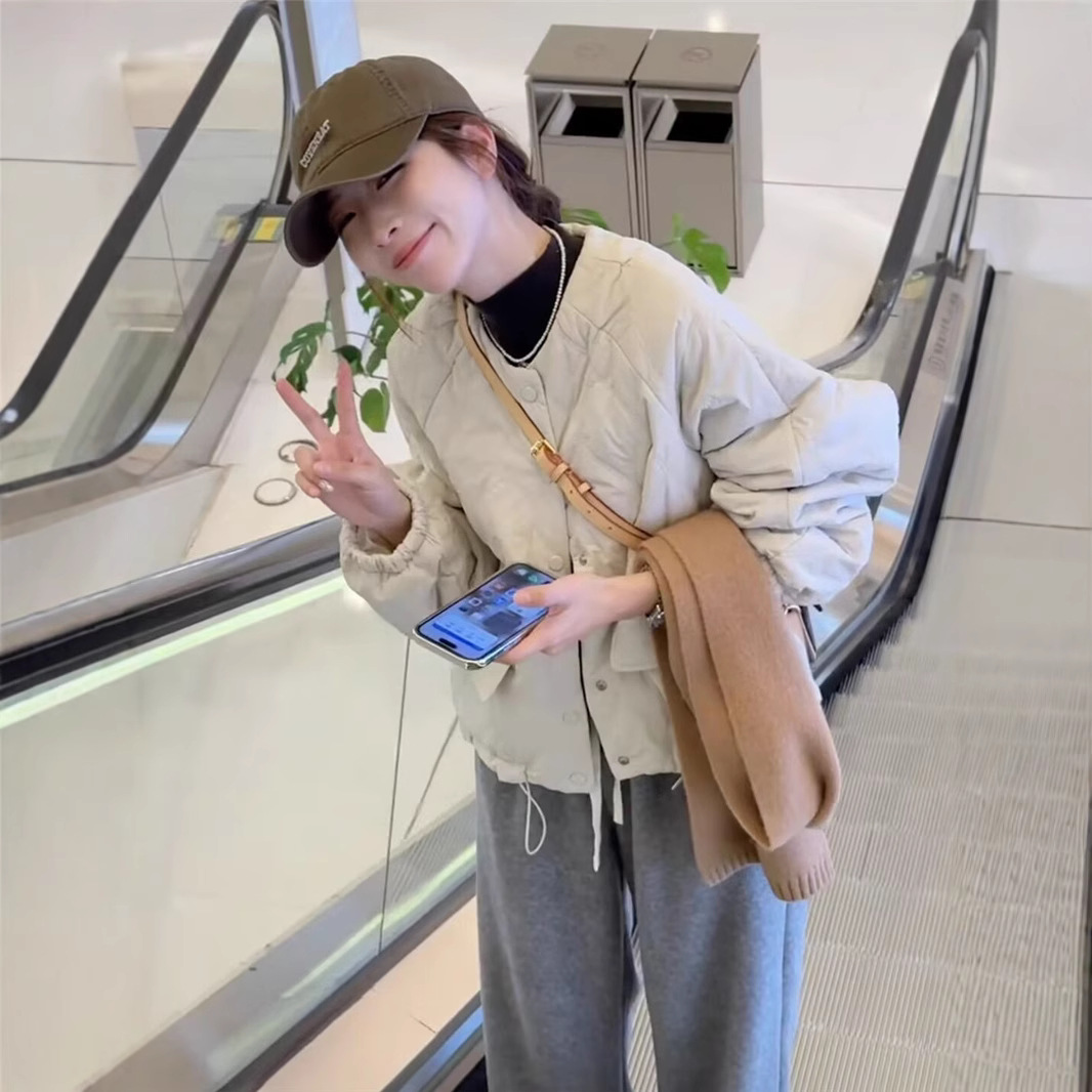 短款菱形格夹棉外套棉衣女2024秋冬新款时尚宽松百搭轻薄小个子外