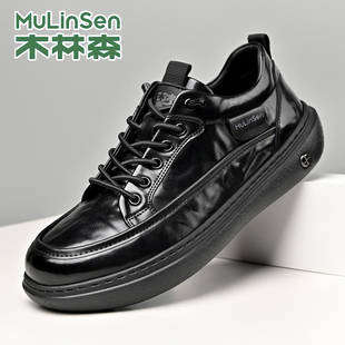 木林森男鞋真皮厚底休闲皮鞋黑色系带百搭商务板鞋软底运动鞋防滑