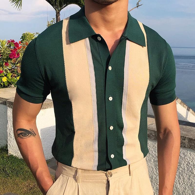 男装翻领撞色T恤衫单排扣开衫针织短袖POLO衫Men's Lapel T-S