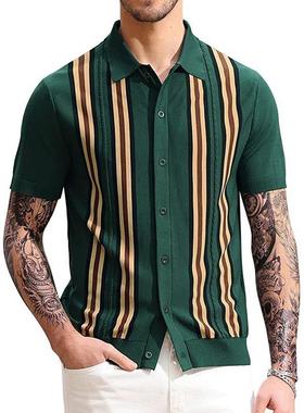 男装夏季绿色条纹短袖修