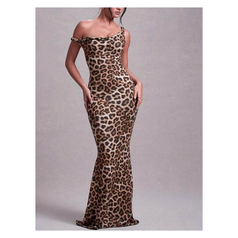 欧美夏季新款一字领豹纹