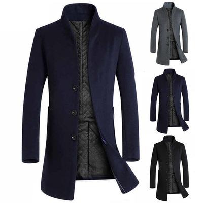 Men Winter Long Sleeve Stand Collar Buttons Pockets Coat