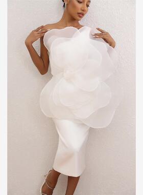 solid color flower dress wedding party dress medium length