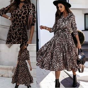 lodress速卖通V领豹纹长袖 Leopard bind split 绑带长裙女 grain