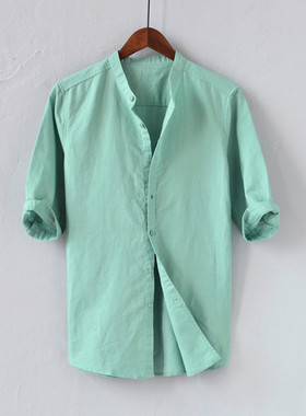 eeves Shirt Summer Cotton Slim Stand Collar camisa masculina