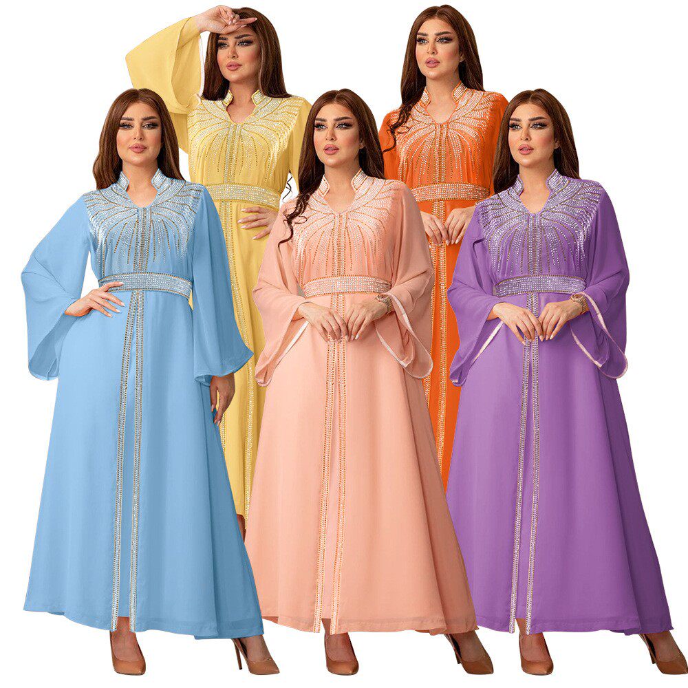 外贸长袍时尚烫钻含腰带雪纺礼服长裙dress