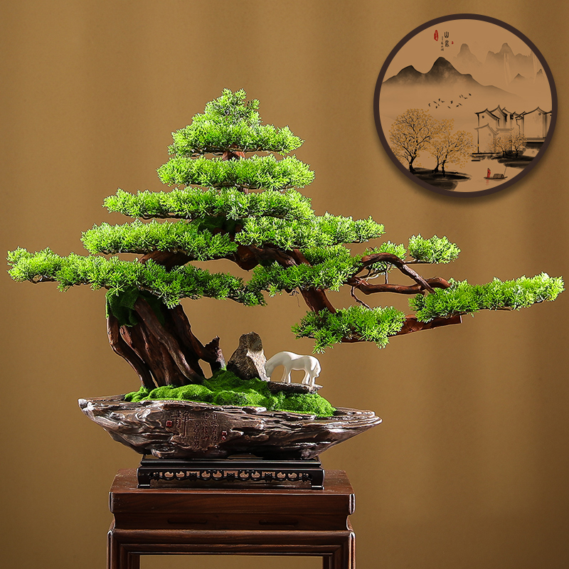 中式迎客松摆件桌面玄关柜装饰品办公室根雕造景茶室茶台绿植盆景